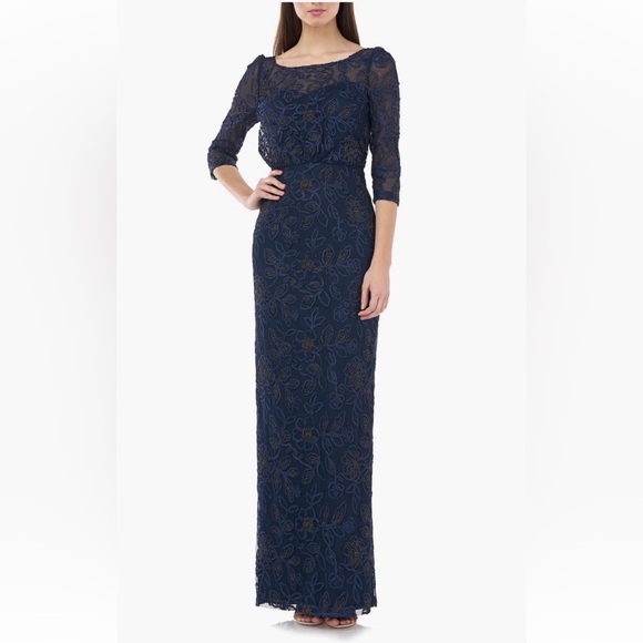 JS Collections Metallic Soutache Blouson Mesh Gown (Navy, Size 12) - Picture 1 of 7